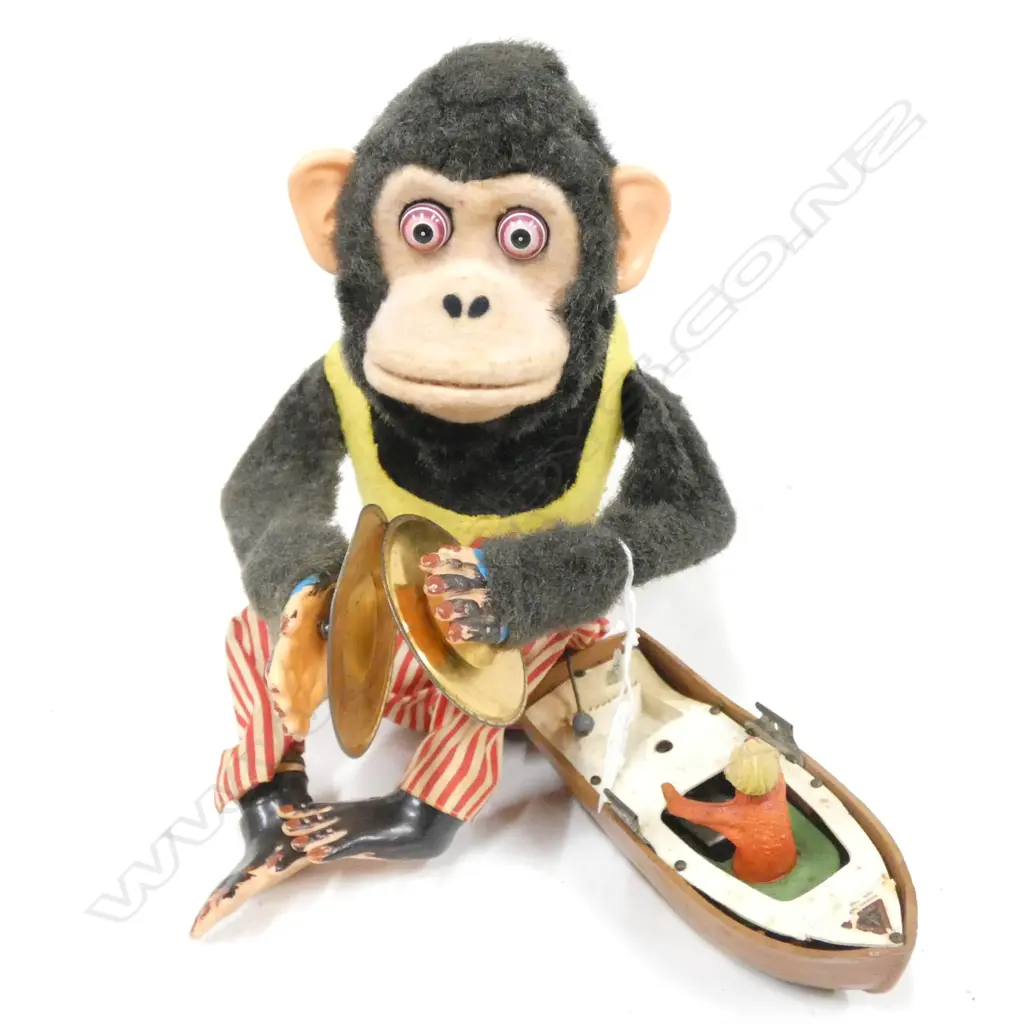LGE TOY MONKEY WITH CYMBALS - BATTERY OPERATED (H.280MM) & OLD ROW BOAT POSSIBLY NZ MADE (L.190MM) Image 1++